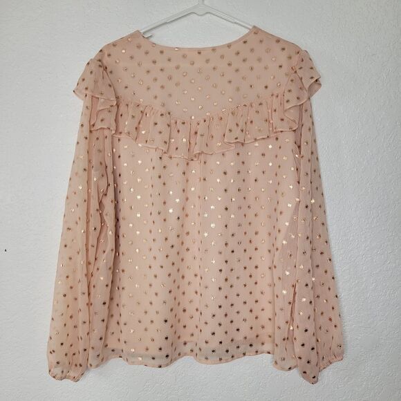 Lauren Conrad Size XL Pink and Shimmer Gold Ruffle Shoulder Long Sleeve Blouse - Picture 3 of 9
